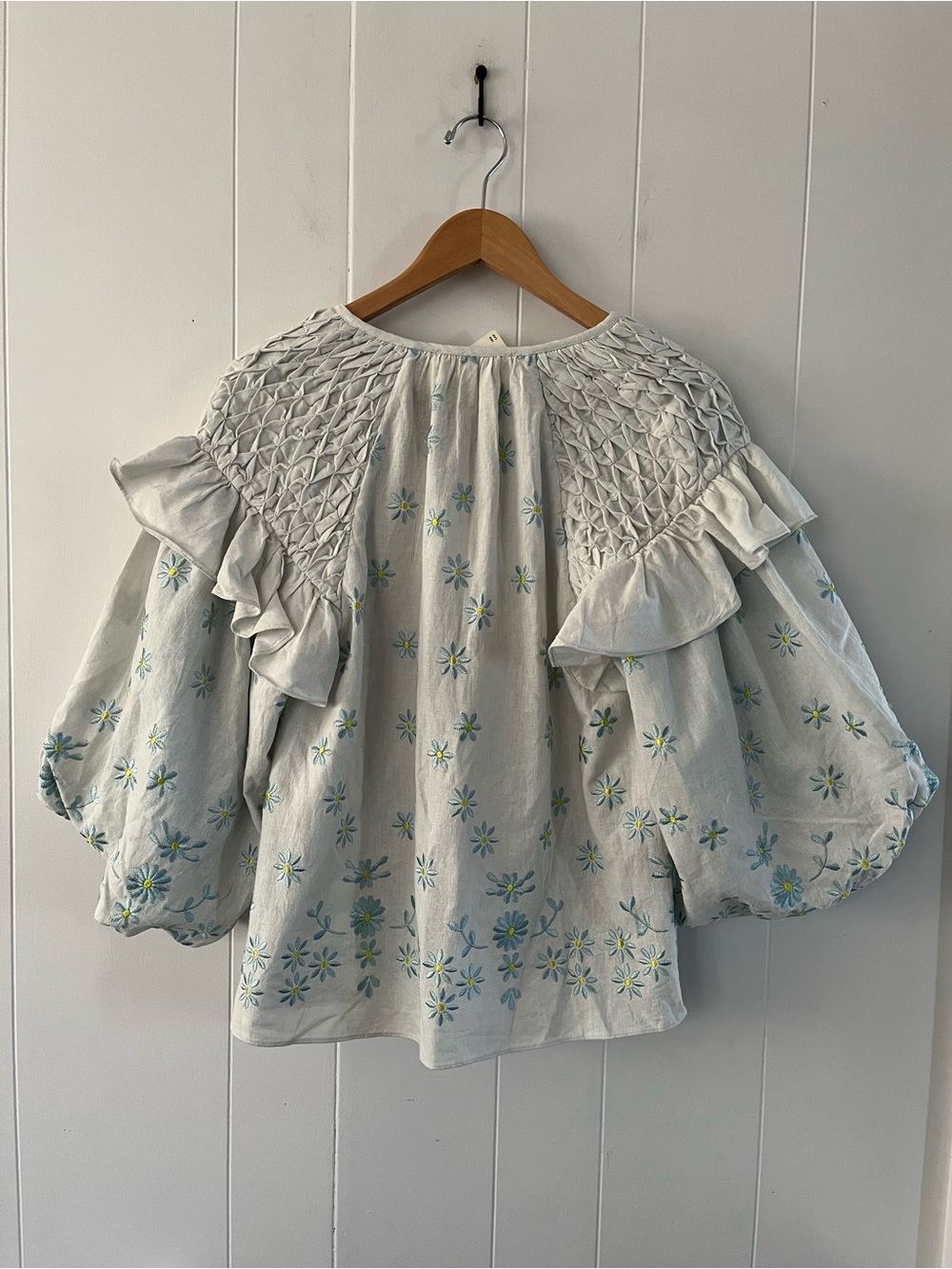 NWT Forever That Girl Ruffle-Sleeve Smocked Linen Blouse Anthropologie Flowers - Picture 9 of 12